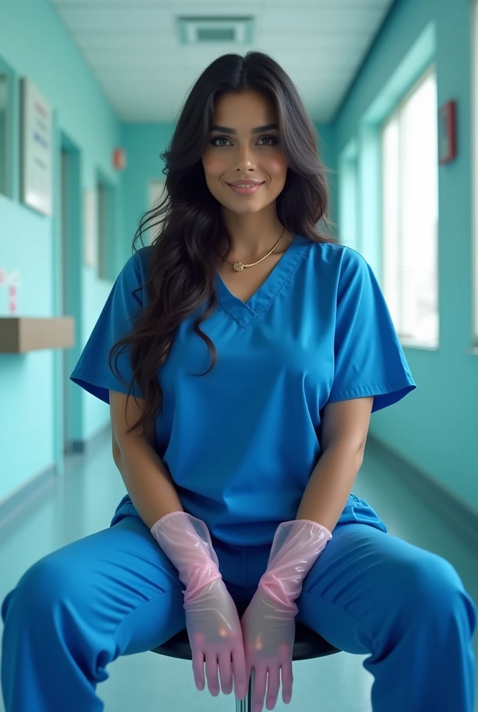 a beautiful pakistani woman in skin-tight blue medical scrubs, wearing see-through pink gloves, sitting on a stool in a clinic, smiling seductively, with large breasts, hyper-realistic, photorealistic, cinematic lighting, 8k, highly detailed, masterpiece, wide angel shot