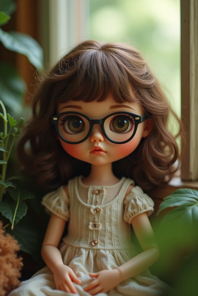 blythe doll medium curly hair brown whith glasses, com o cabelo cacheado e a pele um pouco escura 