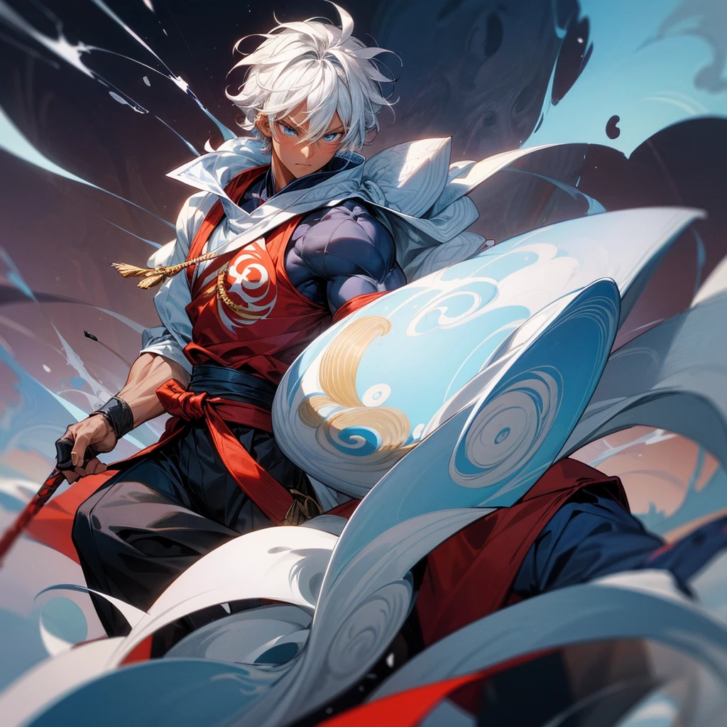 1male , dark skin, adult, finely detailed blue eyes, muscular build, modern undercut, medium messy hair, white hair, fitted sleeves, white yukata with reg swirls, red sash, ninja clothing, serious experssion, modern city background