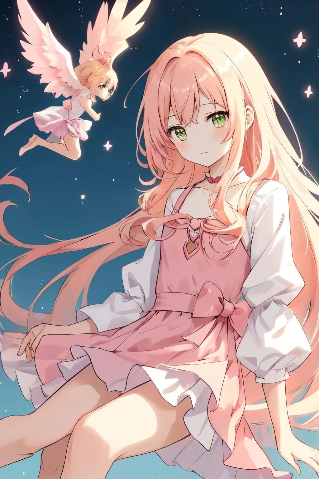 1_girl, (anime, kawai:1.6), (masterpeice, best_quality, clear:1.7), (sky_background:1.2), (cute, wholesome, young:1.4), (delicate, extremely_delicate, beautiful, thin:1.3), (slender:1.5), (girlfriend, angel:1.5), (green_eyes:1.8) (long_hair, blond_hair:1.6), (magical_girl:1.5), (wearing_pink_sexy_dress, pink_angel_wings:1.7), (combat:1.3), extremely_delicate, (love_magic_size_fits_body), (small_thighs:1.3), (eye_level:1.3), (love:1.4), (folded_legs:1.3), (cheerful:1.2)