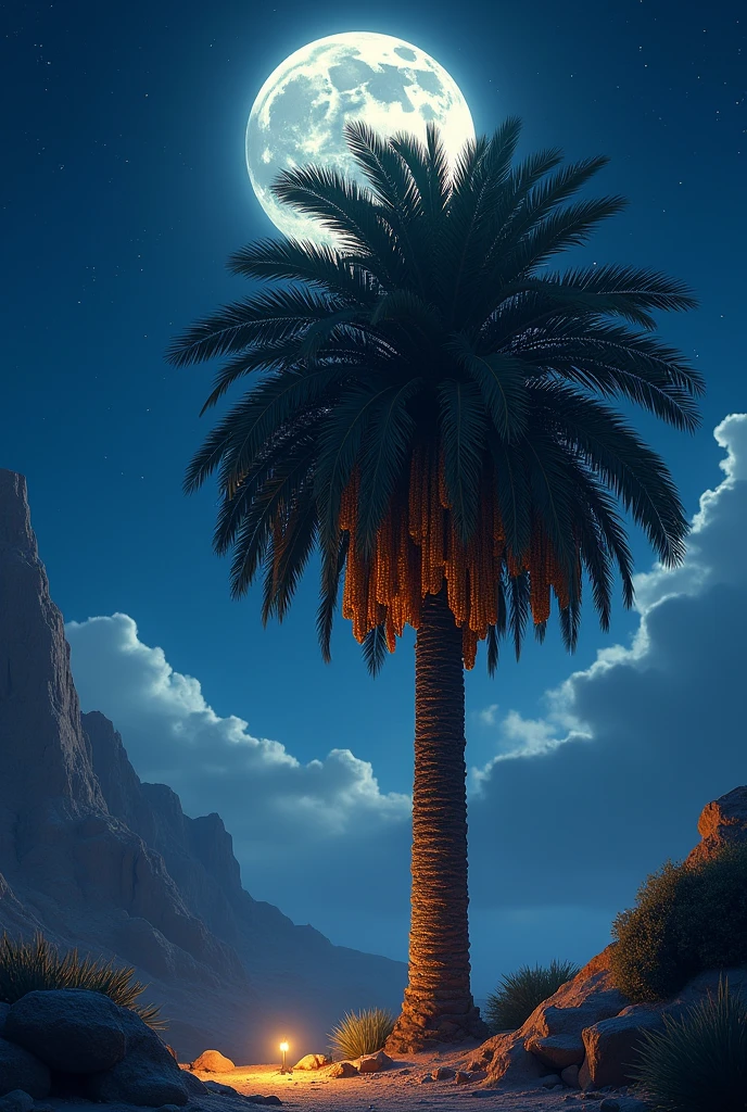 High quality image, best resolution, there is date palm tree. With long leafs, full of dates, night time blue sky with gray clouds. Small stars and big white moon , mountain in the left side