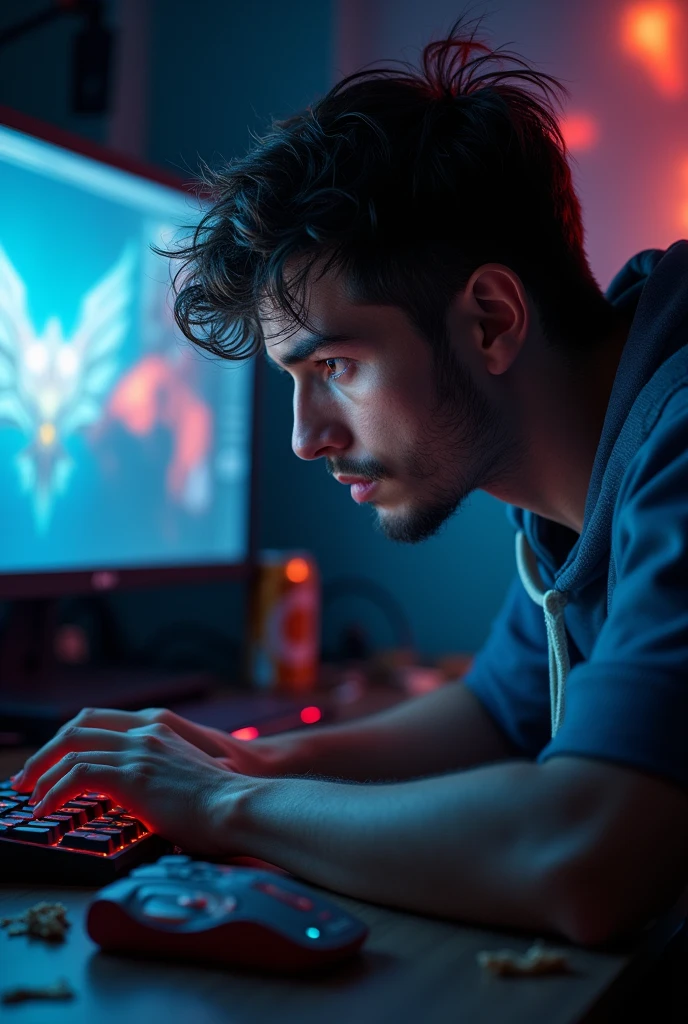 Make a young man addicted to the game League of Legends who can&#39;t stop playing it and is a professional, Ultra detailed and high resolution quality