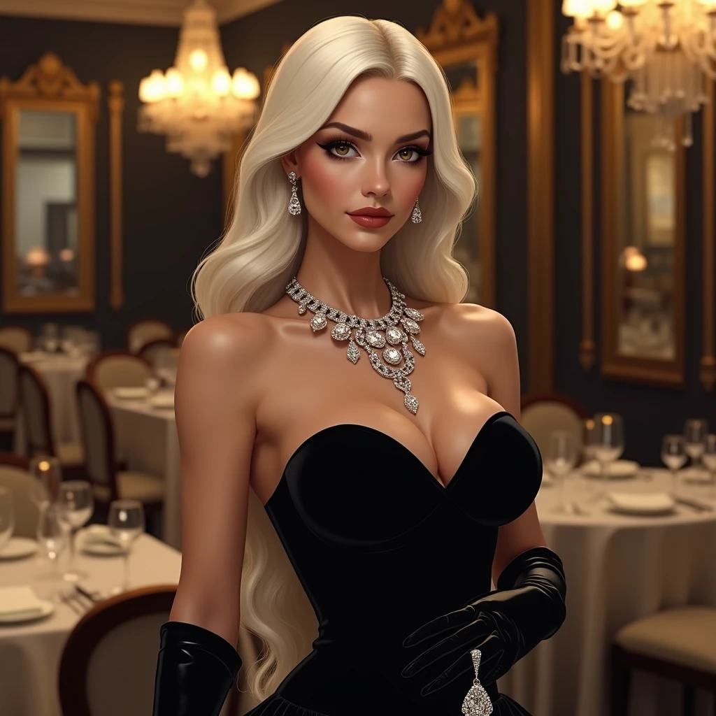 A woman with long, straight white hair,She will wear an elegant black strapless dress and will wear a diamond necklace and black gloves.,I want her posing like a model and in the background I want her in a fancy restaurant with gold details,I want her standing as if she had just arrived and in her hand she will hold a bag of diamonds