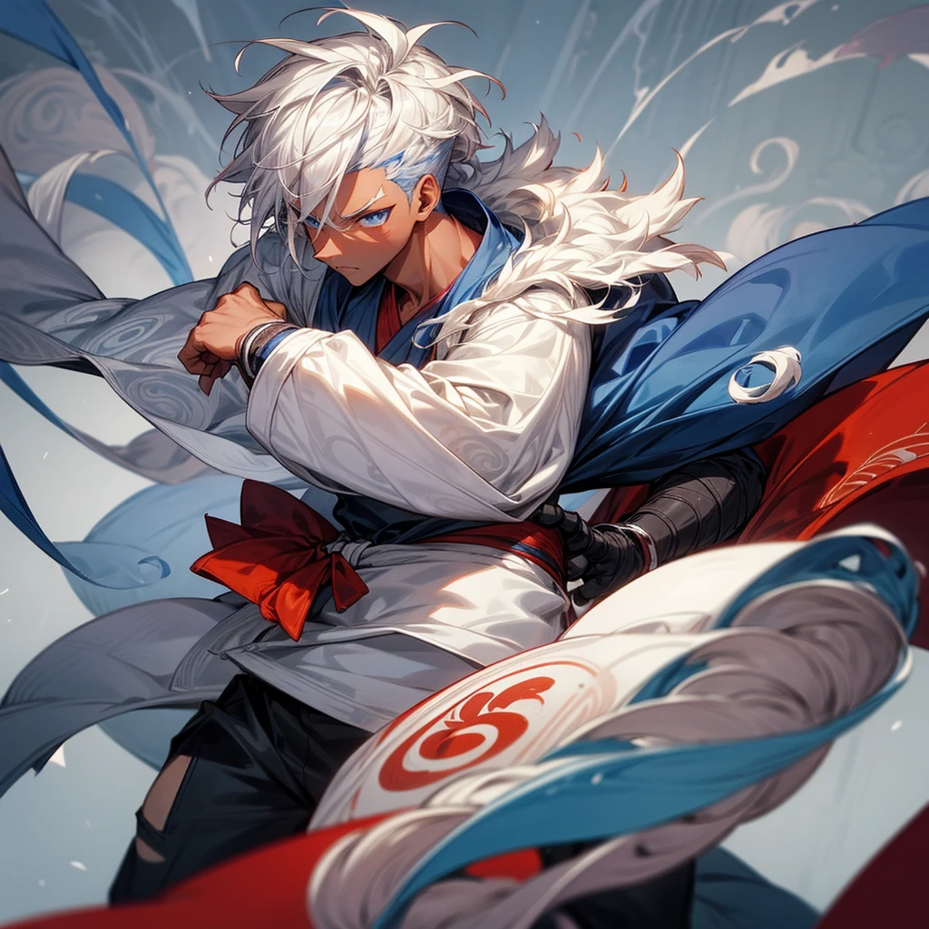1male , dark skin, adult, finely detailed blue eyes, muscular build, modern undercut, medium messy hair, white hair, fitted sleeves, white yukata with reg swirls, red sash, ninja clothing, serious experssion, modern city background