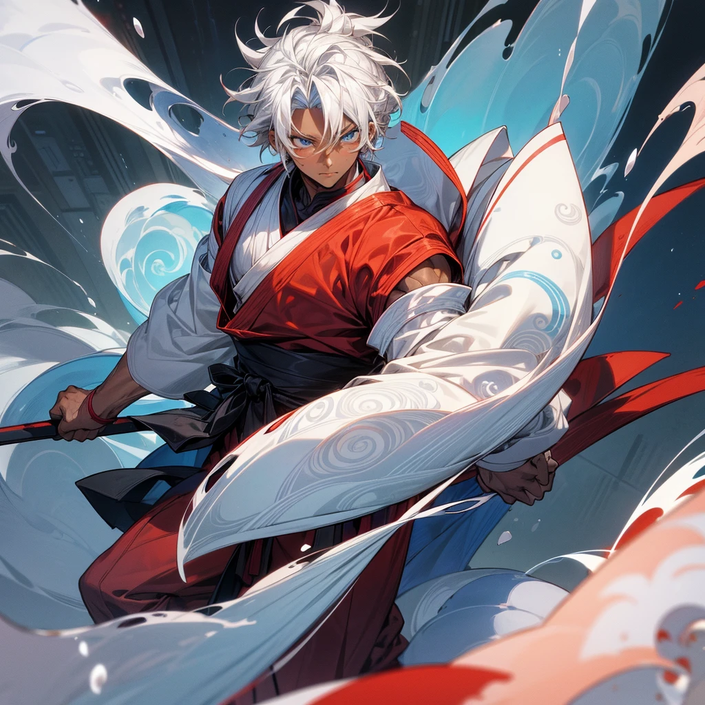 1male , dark skin, adult, finely detailed blue eyes, muscular build, modern undercut, medium messy hair, white hair, fitted sleeves, white yukata with reg swirls, red sash, ninja clothing, serious experssion, modern city background