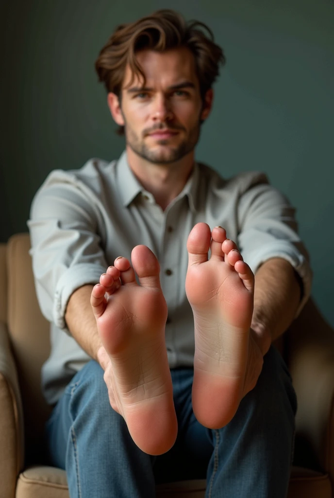Andrew Garfield showing the soles of his feet in a sitting pose