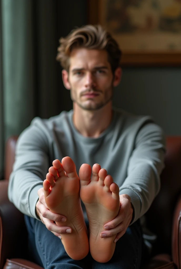 Andrew Garfield showing the soles of his feet in a sitting pose