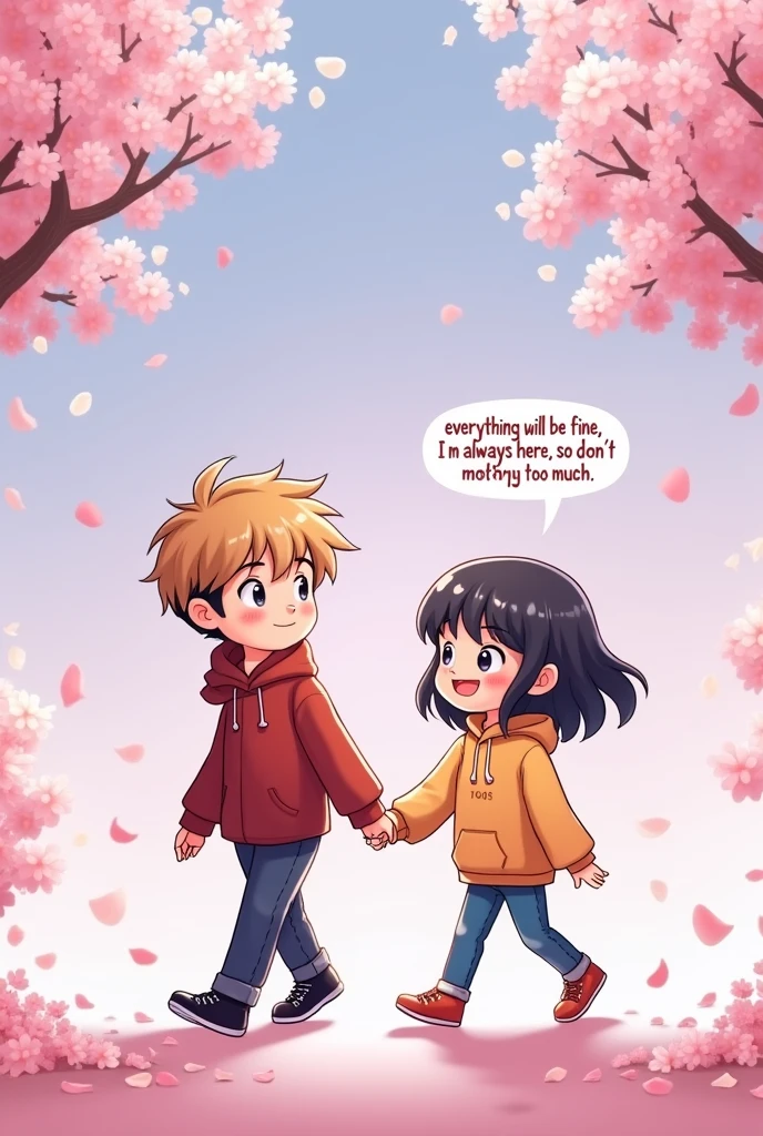 Cartoon drawing of BTS&#39;s Suga holding hands with a  representing ARMY. Both figures are smiling and looking at each other, while walking under cherry blossoms. The sky is painted in soft purple tones. The message that appears is: &#39;Everything will be fine, I&#39;m always here, so don&#39;t worry too much&#39;, as if the girl was giving these words of encouragement to Yoongi."