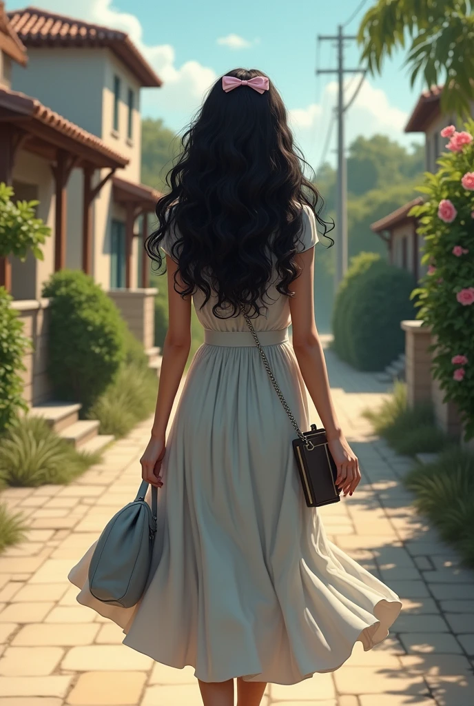 Make 1 woman from behind, Bblack hair, long and curly. She wears a pink bow in her hair and carries a bag on her arm and a gray bible in her hand.. The woman is wearing a flared midi dress and is on a street with houses