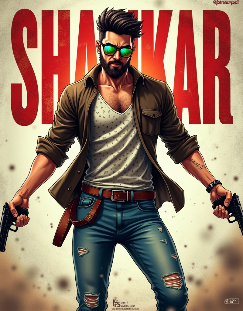 "Create a anime style landscape long shoot image". Dramatic, dynamic anime poster. The anime style layout features a central figure, "a handsome man with a beard" and "reflection colourfull sunglass", standing with arms outstretched and one hand holding pistol against a grungy, textured background. He has a fair skin tone and is dressed in a patterned shirt and distressed jeans and "right side jeans pant colour black and left side jeans pant colour blue". The title 'iSmart Shankar' is displayed top bottom side on the behind him in bold red and white text. The overall design has a rugged, edgy aesthetic.