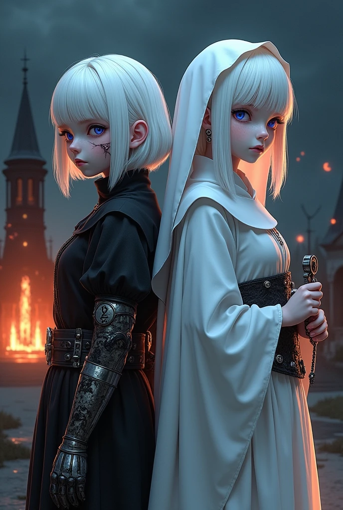 Two albino girls from the Middle Ages standing back to back with violet eyes and white hair, with the one on the left with short hair in dark alchemist clothes and with a steampunk prosthesis with a devil symbol on her left hand and a cut on her face, and the one on the right in white nun's clothes holding a rosary,, with a burning church behind, the night.