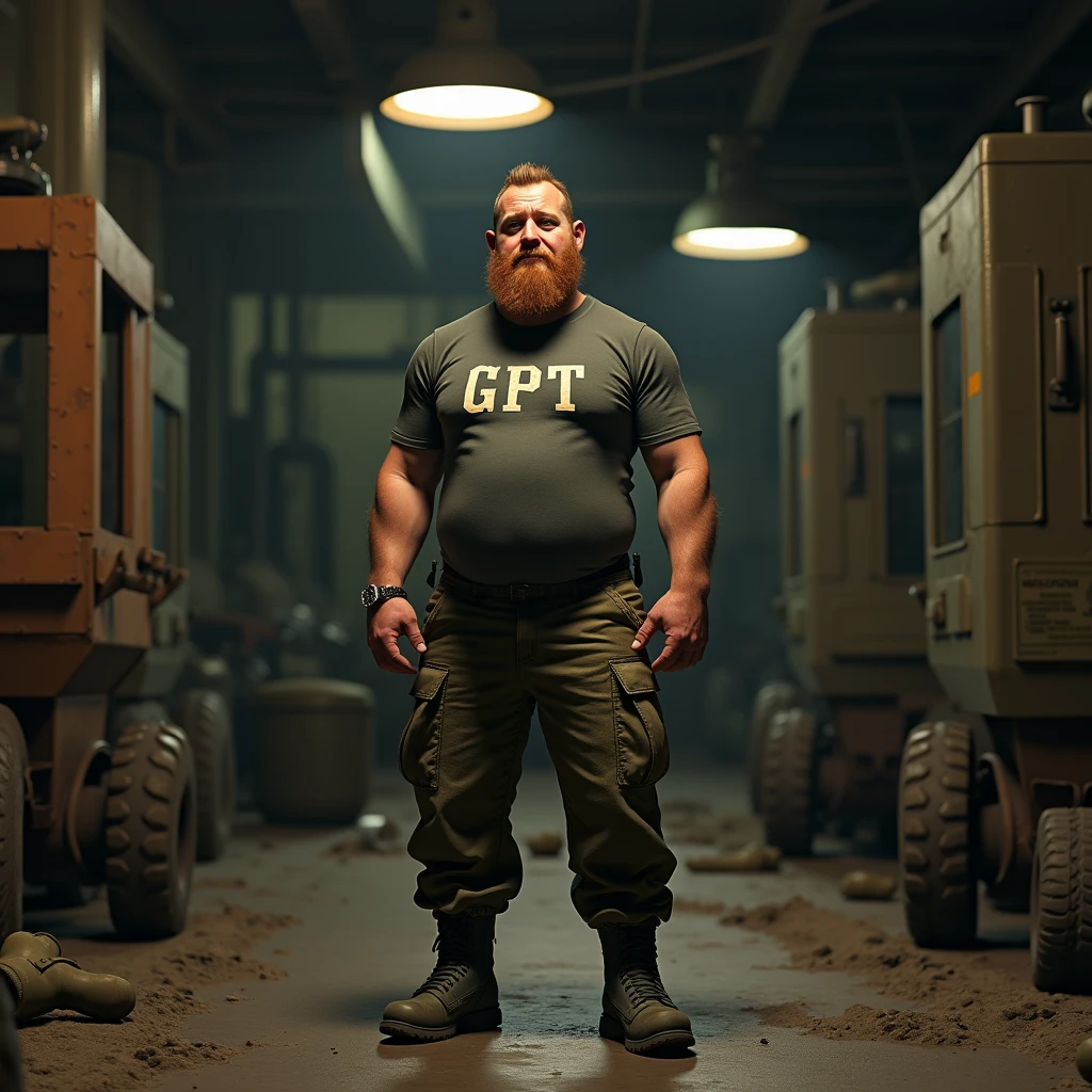 /imagine prompt: A full-body shot of Stive, the tough and humorous veteran, standing in a rundown military base. He is dressed in a tight t-shirt that slightly reveals his beer belly, with cargo pants and well-worn military boots. His angular face is adorned with a sparse red beard, and his thinning hair is styled in what he insists is a "military-style" haircut. His large, calloused hands rest on his hips, showing crooked fingers from countless bar fights. The print on his t-shirt reads "GPT" in bold letters. The background features old, rusted equipment and dim, overhead lights casting long shadows, hd quality, vivid style --ar 9:16 --v 6.0