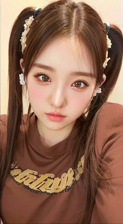 A close-up of a girl with long hair wearing a brown shirt., 3d realistic anime style., Kawaii realistic portrait, anime realism style, guweiz style artwork, realistic anime art style, photorealistic!!!!!!! Art Style, realism artistic style, [ Artedigital 4K ]!!, made with anime painter studio, Kpop idol portrait