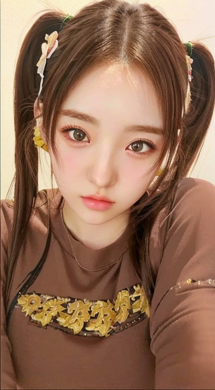 A close-up of a girl with long hair wearing a brown shirt., 3d realistic anime style., Kawaii realistic portrait, anime realism style, guweiz style artwork, realistic anime art style, photorealistic!!!!!!! Art Style, realism artistic style, [ Artedigital 4K ]!!, made with anime painter studio, Kpop idol portrait