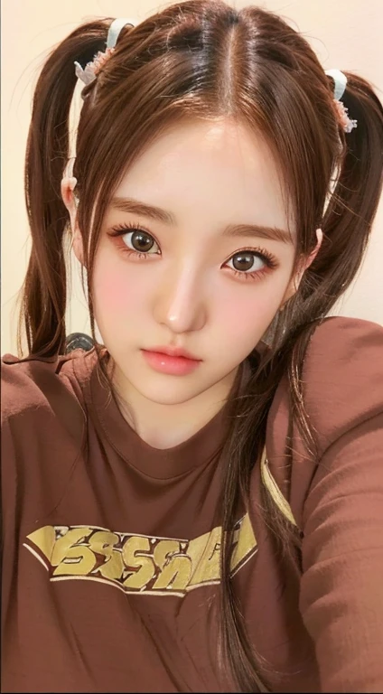 A close-up of a girl with long hair wearing a brown shirt., 3d realistic anime style., Kawaii realistic portrait, anime realism style, guweiz style artwork, realistic anime art style, photorealistic!!!!!!! Art Style, realism artistic style, [ Artedigital 4K ]!!, made with anime painter studio, Kpop idol portrait