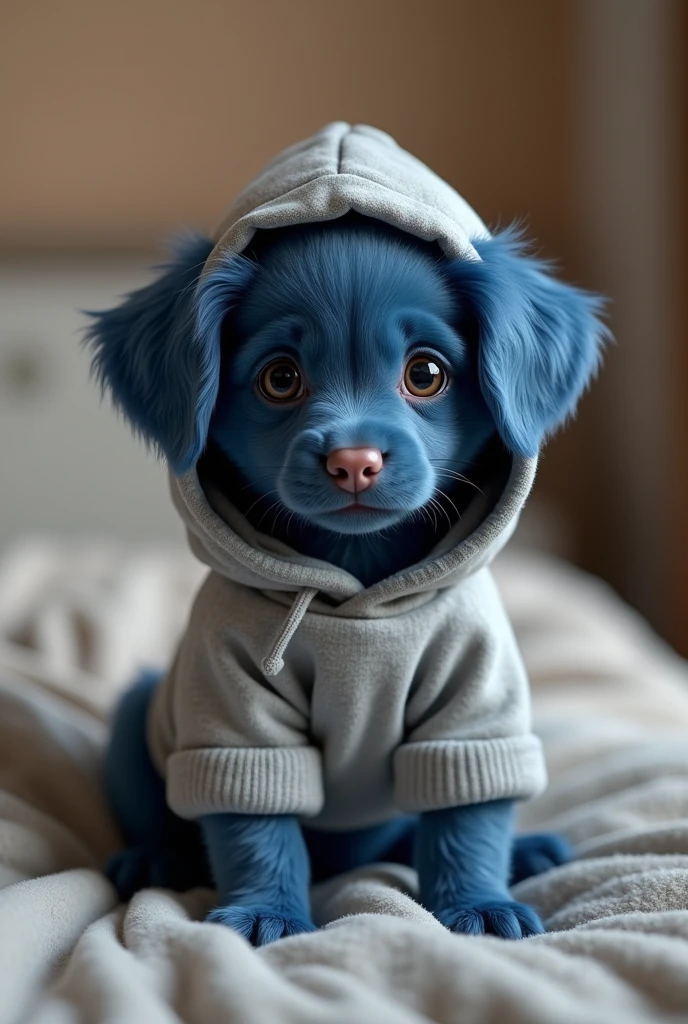 A floppy eared puppy colored Dark Blue, wearing a gray grey hoodie, the hood down.