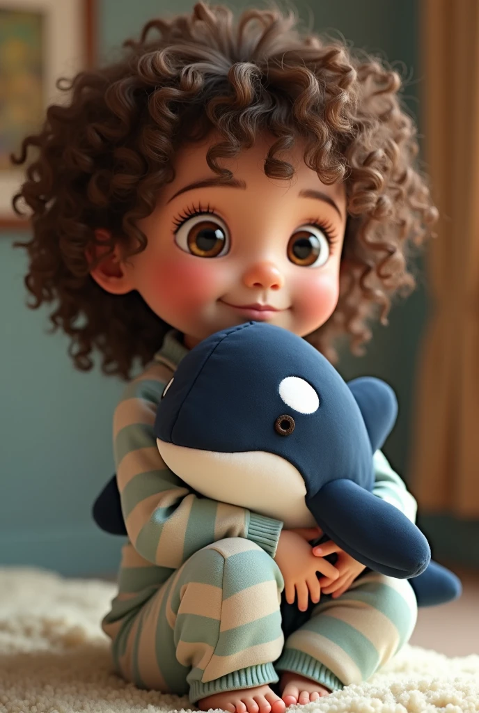  very white, western, with curly hair, light brown in color, wearing pajamas, hugging a plush orca whale. with a pixar style