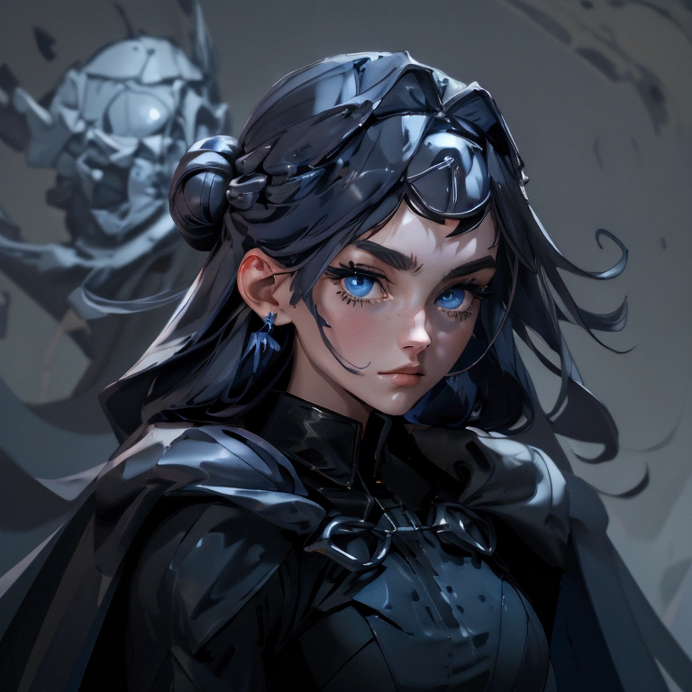 envision a 8k, highres, cinematic, close up beautiful portrait of an Big tall girl named Kronii Ouro with long dark blue hair in a bun, blue eyes, wearing a tight black superhero suit with a long flowing blue cape, a black helmet mask against a dark background