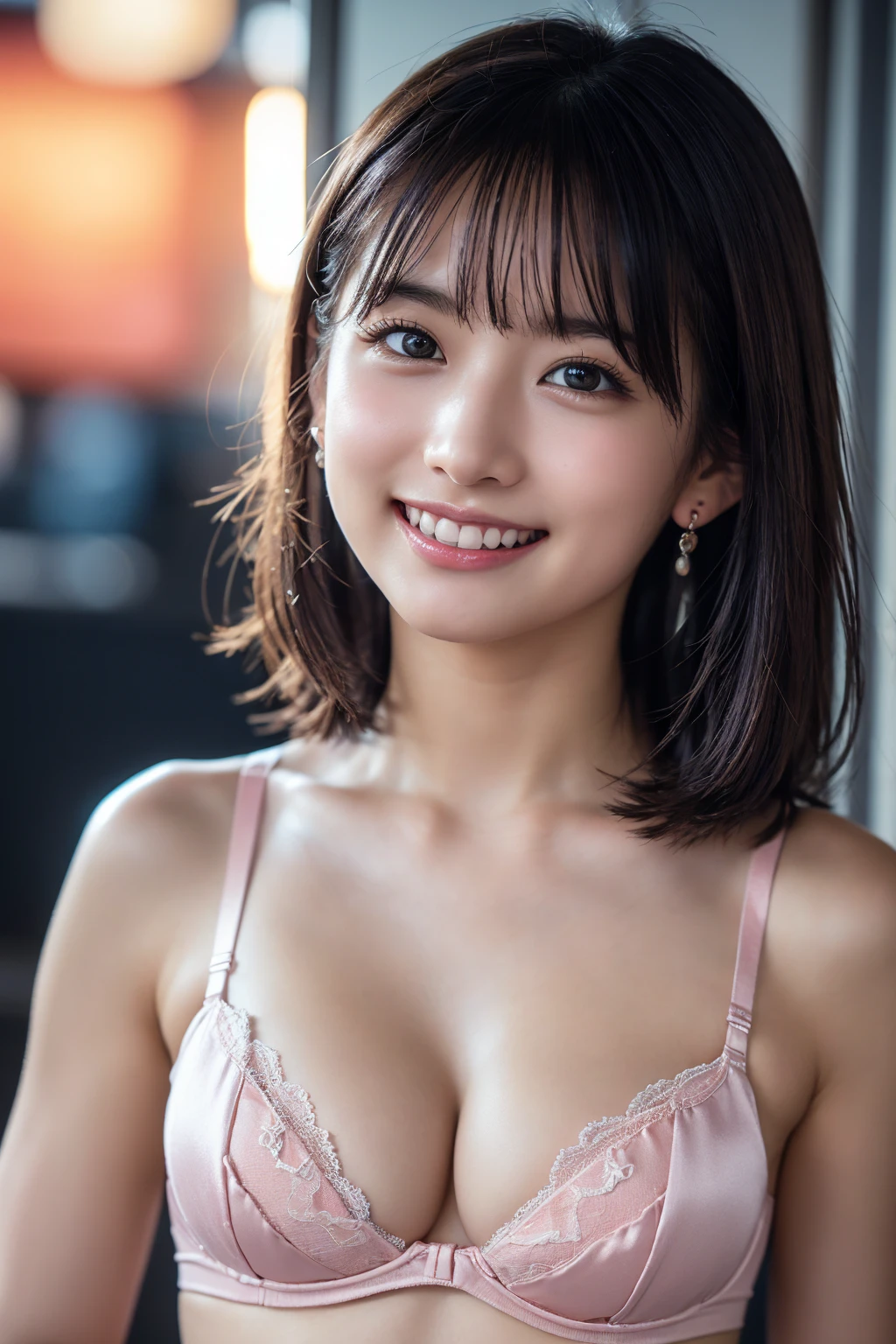 (8k, RAW Photos,Highest quality, High resolution:1.1), (Ultra-realistic:1.4),(Realistic:1.4), Realistic Face,Realistic Body,Realistic Skin,masterpiece,(cute:1.8), Japanese, ((Satin fabric pink bra)), Upper Body, Beautiful dark eyes,Innocent eyes,Cinema Lighting,Film Grain,jewelry,Earrings,((Medium Hair:1.1)),Cherry colored lips,Hair Ribbon,ponytail,Audience,Long Hair,,Open your lips,Upper teeth, (Smiling Eyes:0.6),((Grin:1.3)),Blurred Background, Eye focus , Bokeh,young, 85mm lens, Photon Mapping,Radio City,
