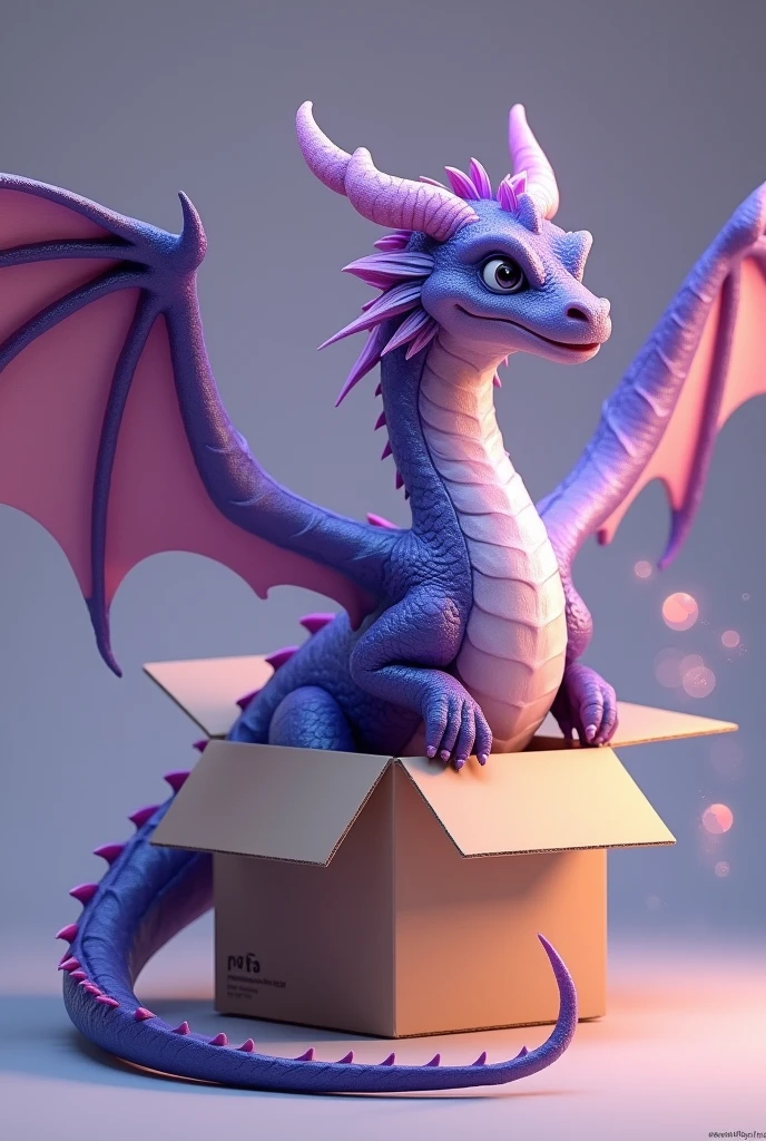 Create a realistic purple dragon out of a box, of life to him