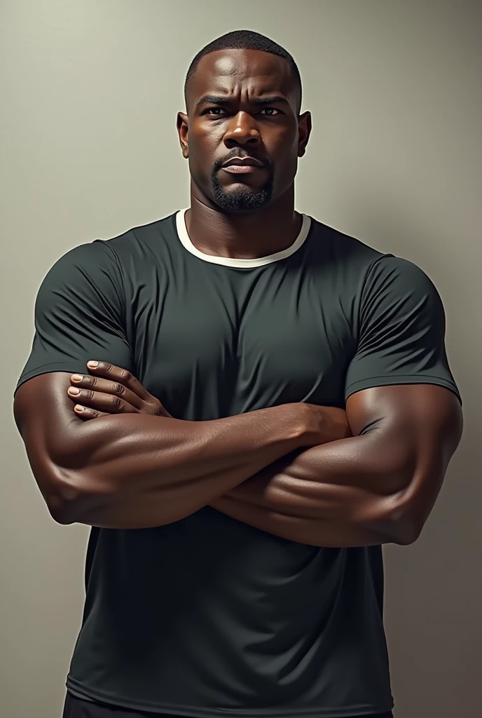 "He is a dark-skinned Black man with a strong and muscular build. His height commands respect, as he is a tall man. At 5, he remains in great physical shape, being a dedicated volleyball coach. His physique is large and athletic, and he sports a thin mustache that complements his strong and imposing appearance."