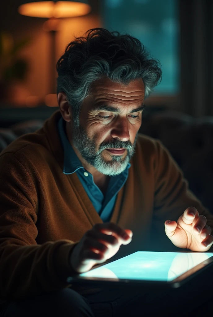 Man telling stories looking at screen not very old
