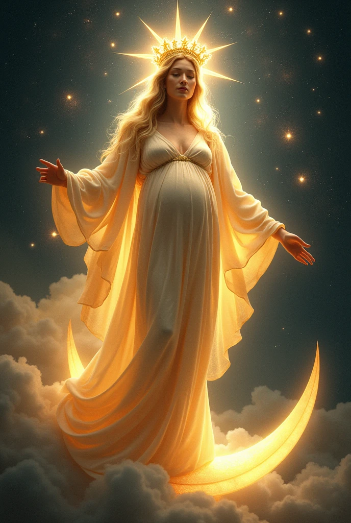 A woman wearing a dress resembling the sun, under your feet is the moon, and she wears on her head a crown that had twelve stars, she's pregnant