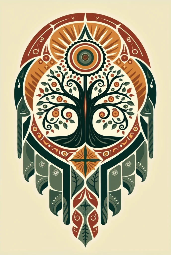 Please, generate a logo that represents life and the connection between the feelings of our dead and the knowledge of our grandparents, with an indigenous and traditional approach. The logo should include elements that symbolize life, like trees or the sun, as well as symbols that represent the memory and legacy of the ancestors, like stars or geometric patterns. Be sure to incorporate traditional indigenous elements and use a natural, earthy color palette.. If you include text, that it be with a typography that respects the traditional style of the design
