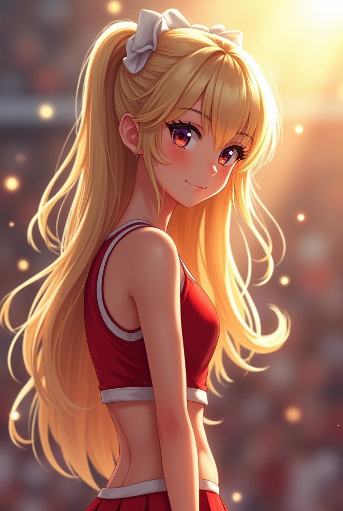Cheerleader,A small smile,cheer leading,Cheerleader uniform, (((masterpiece))), (((Highest quality))), ((Very detailed)), (figure), ((Very delicate and beautiful)),(Bokeh,Blurred Background),(Best Shadow), One person,White panties, blonde Hair, Long Hair, cute,cute,change, Shining highlight spots around the eyes, Character Focus,Tilt your head,