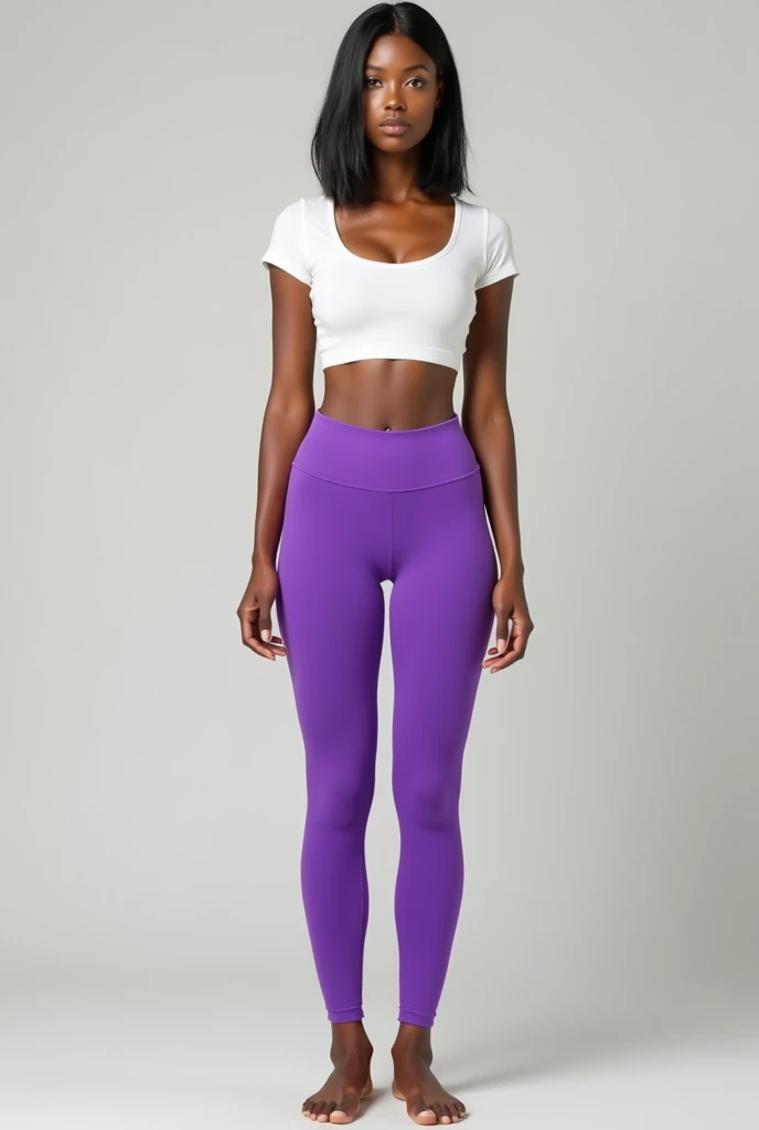 Full body image from head to toe of a woman who is not fat, with light caramel-colored brown skin, straight black hair in short leggings from the waist to the knees, exactly purple in color and a closed shirt without a neckline and short sleeves without buttons, white in color , The image must show the entire body from head to toe 