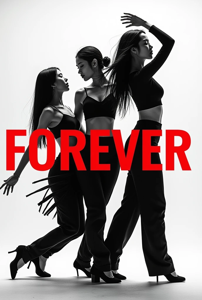 Three Korean female kpop dancers in black and white theme with big letters in the middle saying forever in red 