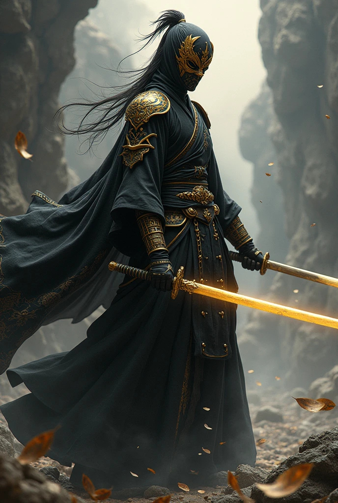 Make a character with black and gold clothes and gold swords with anime mask