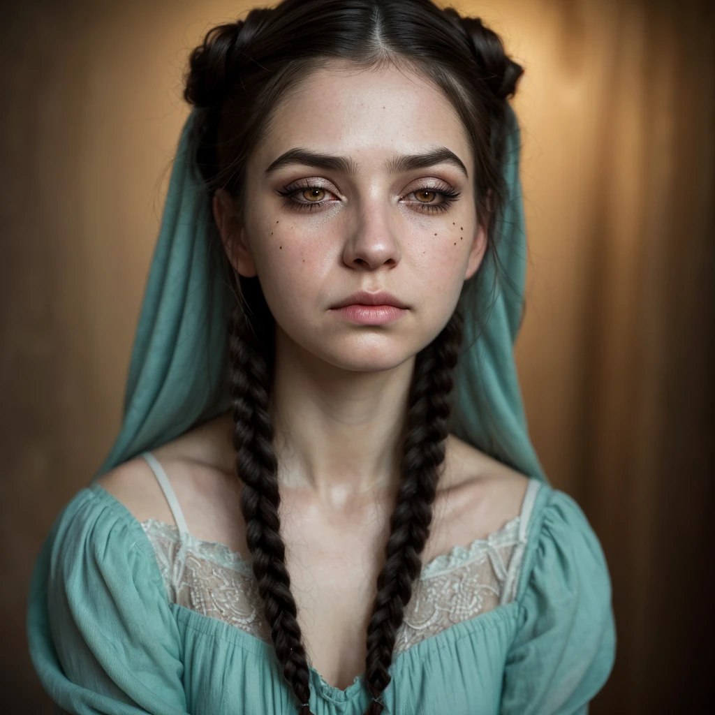 By Susanna Majuri, pencil illustration, dramatic art, portrait of a sad human, adult girl, depressed bored woman, European appearance type, natural realistic light-eyed, close-set eyes, aqua eyes, dreadlocks, large face, elongated face, wide chin, cheek bulge, snub-nose, short nose with a wide tip, thin lips, long eyelashes, dark makeup, wide eyebrows, mole on chin, textured skin, high resolution, quality, depth of field, masterpiece, award winning, accurate, anatomically correct, detail, fantasy background, fairy tale miniature, surreal atmosphere, epic plot