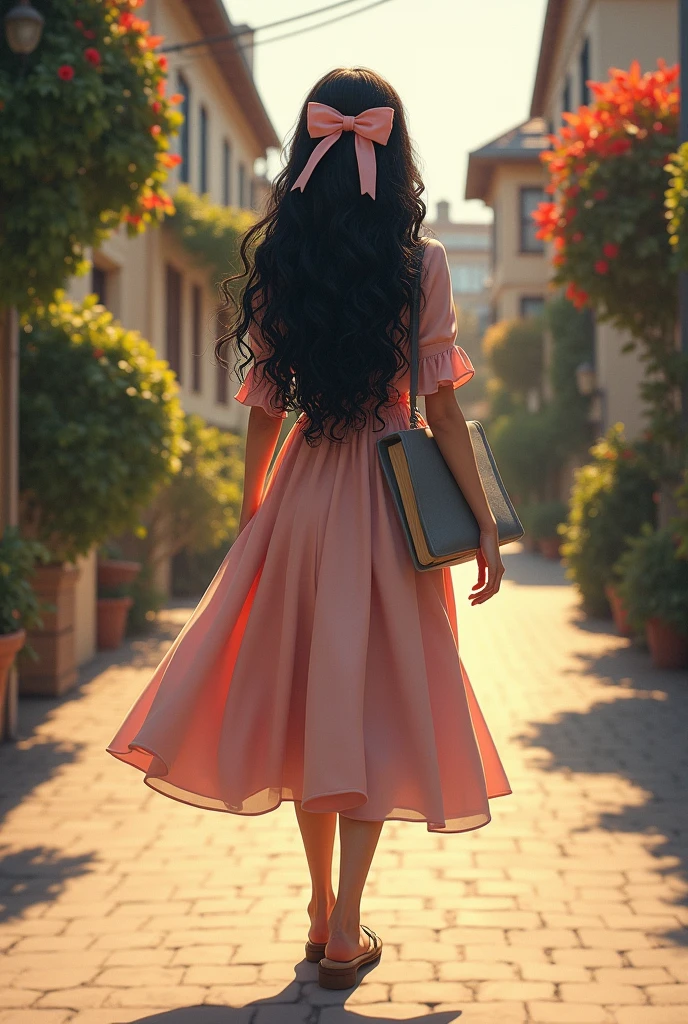 Make 1 woman from behind, Bblack hair, long and curly. She wears a pink bow in her hair and carries a bag on her arm and a gray bible in her hand.. The woman is wearing a flared midi dress and is on a street with houses