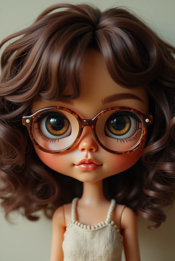 blythe doll medium curly hair brown whith glasses, com o cabelo cacheado e a pele um pouco escura sem franja 