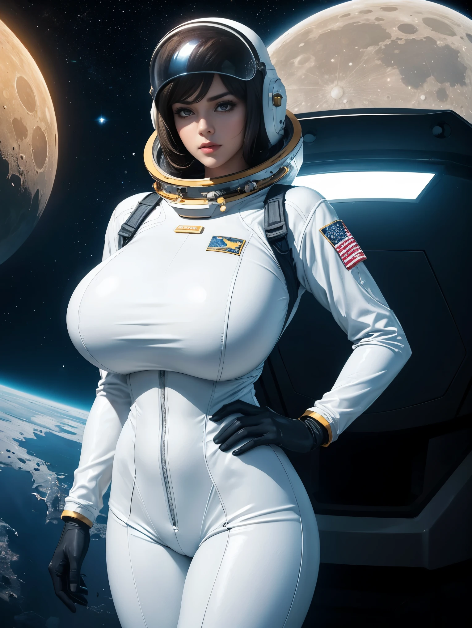 Gorgeous and sultry busty athletic (thin) astronaut with sharp facial features wearing a white space suit, opaque space helmet, gold visor, spacesuit, bodysuit, ray gun, jetpack, spaceship, 1960's, space, lunar surface, moon, earth rise, Earthrise, space, stars, American flag, huge boobs