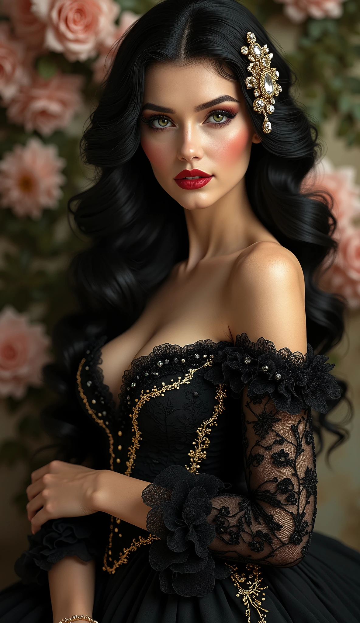 Create a beautiful woman, green eyes, detailed lashes and eyebrows, red mouth, long curly black hair, a jewel ornament in her hair, wearing a black Victorian style dress with lace and gold thread, legs with black lace stockings, wearing a pair of shoes high heels, red soles, in intricate rococo style designs, with gold thread applications, background of studio, flowers, light incident on the hair, in the highest quality.