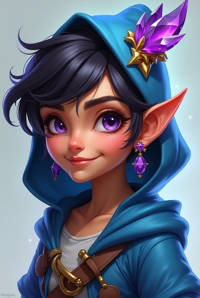 create the image of a gnome woman, Your hair is short, clear and rebellious, your tanned skin, your purple eyes, is smiling, your outfit is rpg rogue type&d, with blue hood, in her ear is an amethyst earring and on her head is a bird-shaped jewel