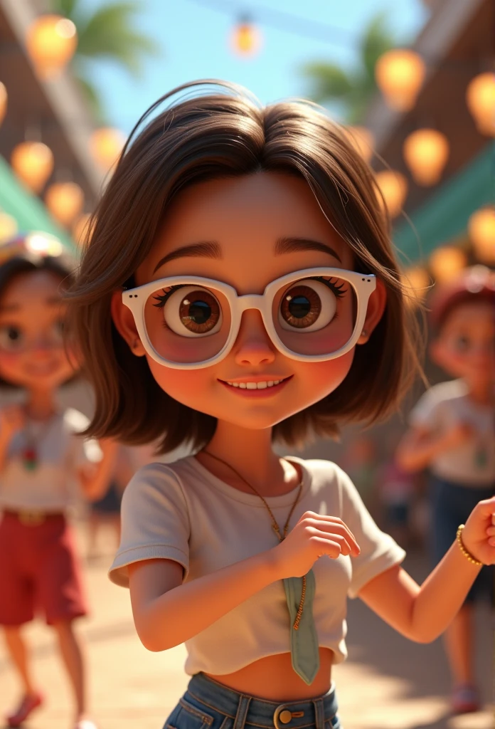 Imagem estilo pixar com 3D personagem óculos brancos mulher morena cabelo liso curto dançando, Disney makeup,fisherman, cute, smiling ,close up, pixar, Disney, Cinema lighting,