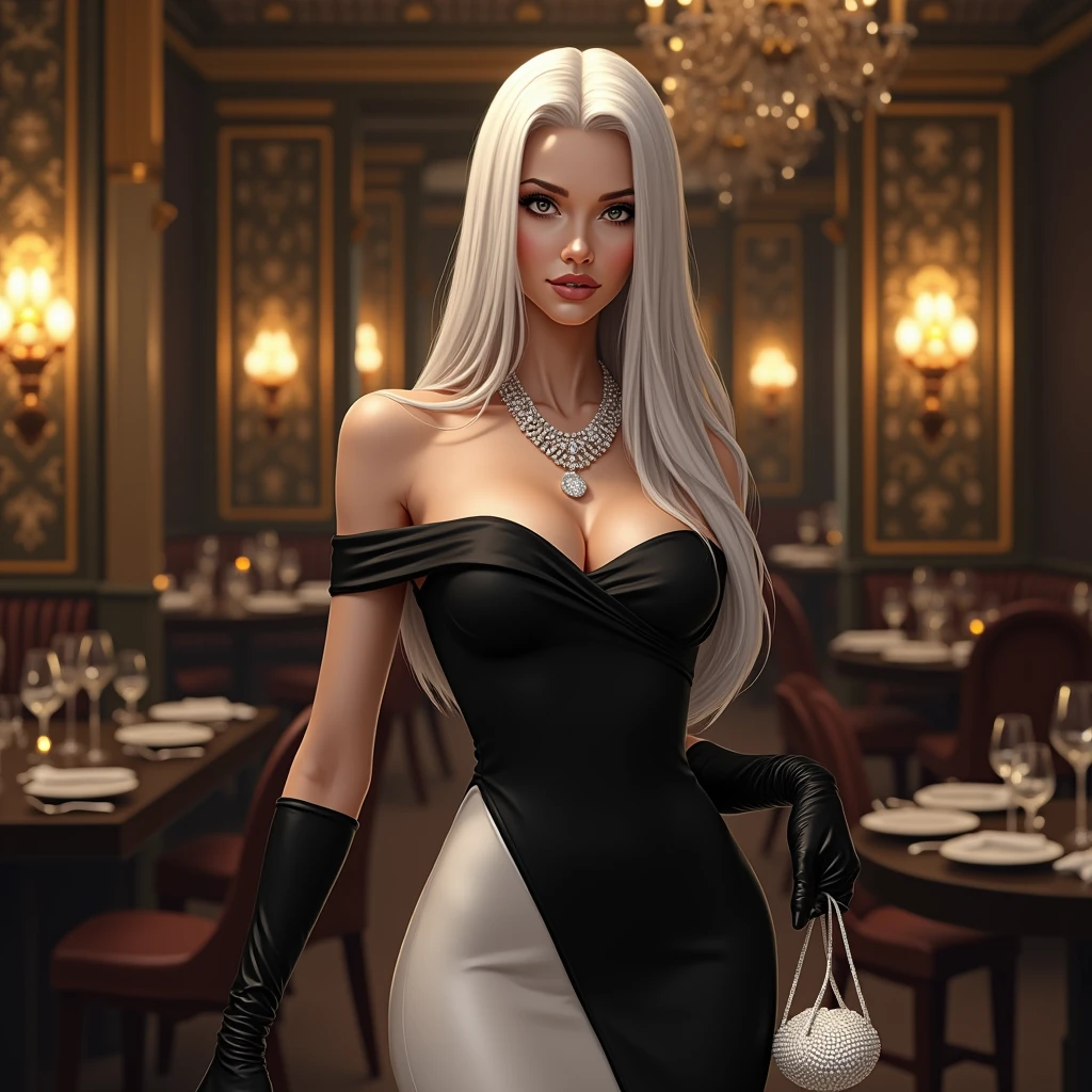 A woman with long, straight white hair,She will wear an elegant black and white dress and will wear a diamond necklace and black gloves.,I want her posing like a model and in the background I want her in a fancy restaurant with gold details,I want her standing as if she had just arrived and in her hand she will hold a bag of diamonds 