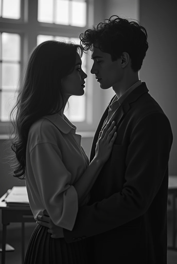 two young people (man and woman) 20 and 2 at school, old black and white image