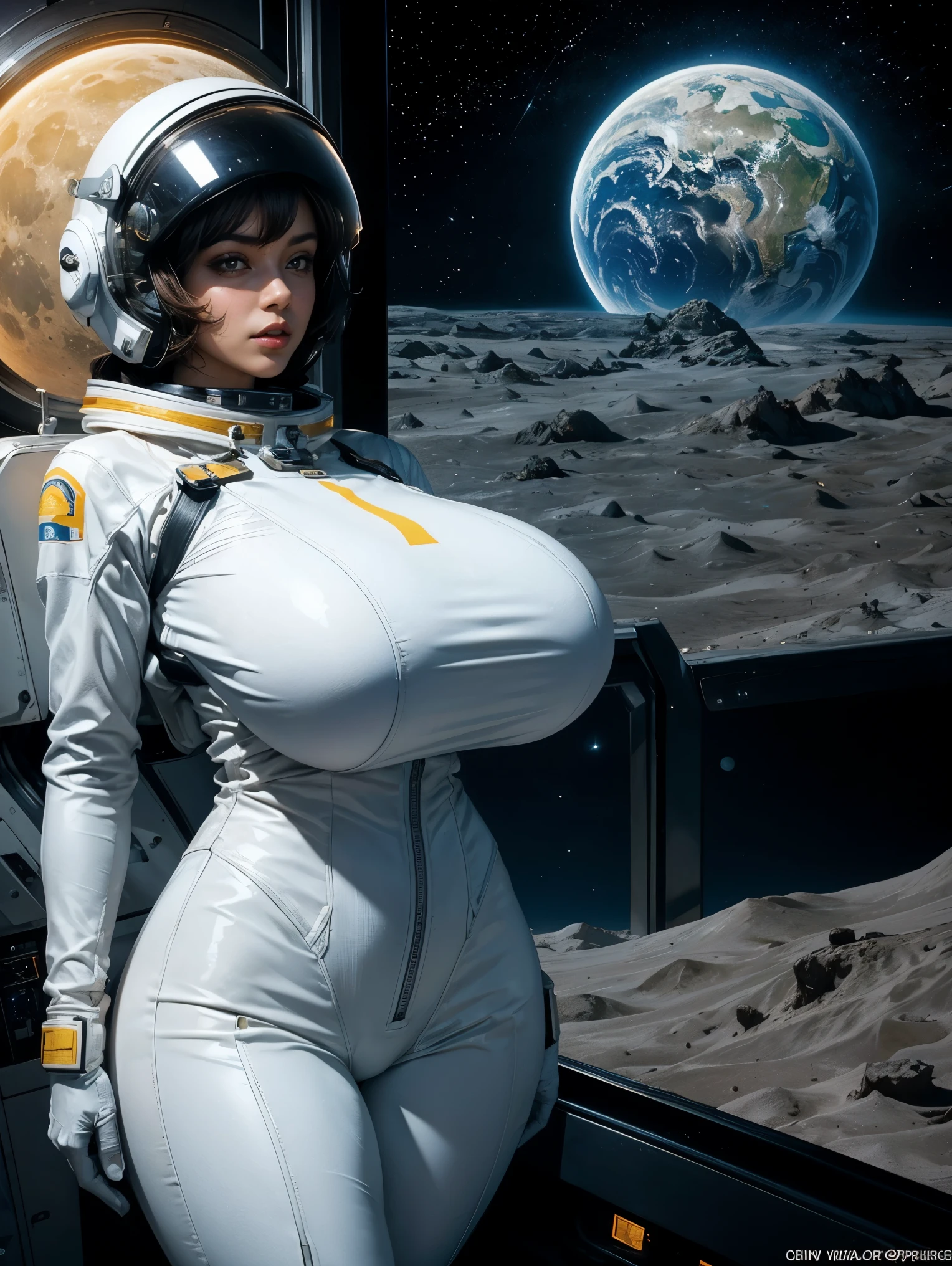 Gorgeous and sultry busty athletic (thin) astronaut with sharp facial features wearing a white space suit, opaque space helmet, gold visor, spacesuit, bodysuit, ray gun, jetpack, spaceship, 1960's, space, lunar surface, moon, earth rise, Earthrise, space, stars, American flag, huge boobs