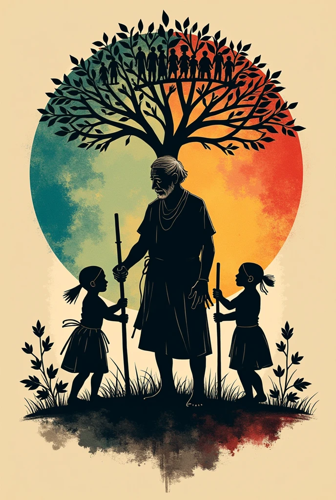 Design something traditional with the indigenous Colombian culture of the Cundinamarca territory, with brown colors, greens, blue, oranges and reds, in which the background is a silhouette of an indigenous elder, with a circle of life , The silhouette has to be of an elderly indigenous man or woman., In the front, indigenous children dressed in traditional costumes and playing with sticks.
Give me more logo design, includes a tree.
give me darker colors, and only the silhouette of the old indigenous man can be seen, Believe me as a logo for a festival, make it more illustrative and the mulatto children , Give me more towards the Muisca culture, that represents the feelings of our dead and the knowledge of our elders.
Create me a tree where on one side are the living and on the other side the silhouettes of the dead