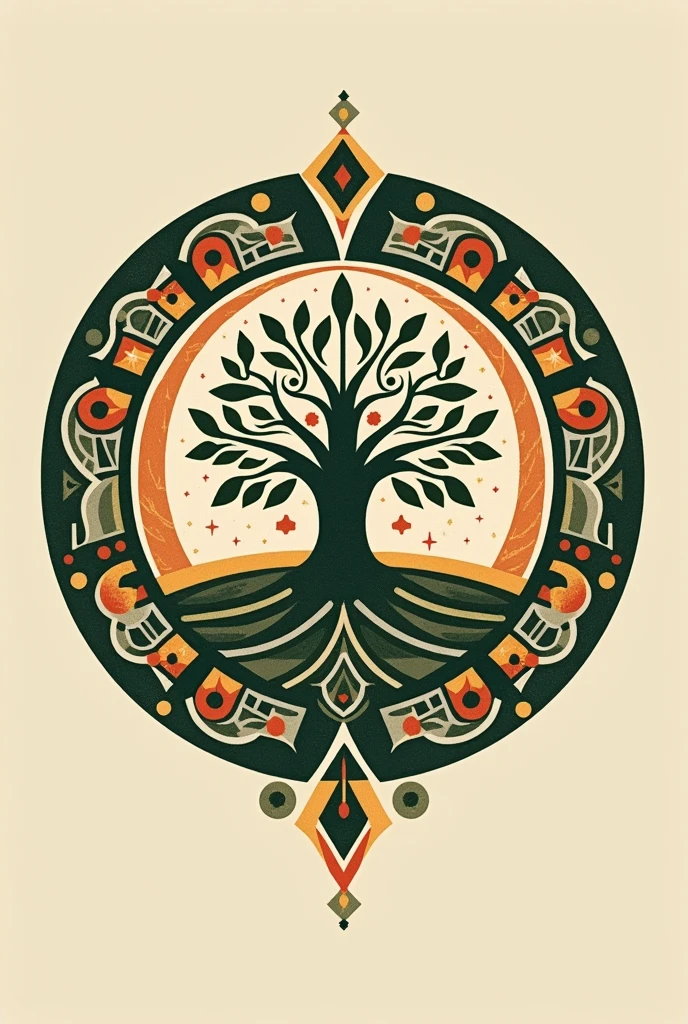 Please, generate a logo that represents life and the connection between the feelings of our dead and the knowledge of our grandparents, with an indigenous and traditional approach. The logo should include elements that symbolize life, like trees or the sun, as well as symbols that represent the memory and legacy of the ancestors, like stars or geometric patterns. Be sure to incorporate traditional indigenous elements and use a natural, earthy color palette.. If you include text, that it be with a typography that respects the traditional style of the design