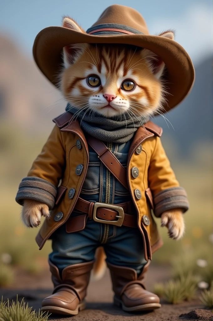 Hyperrealistic kitten wearing an Arthur Morgan costume from Read Dead Redemption 2