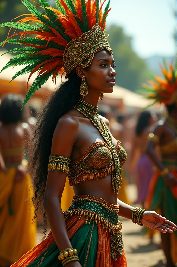 Silver women's samba costume with an African warrior theme 