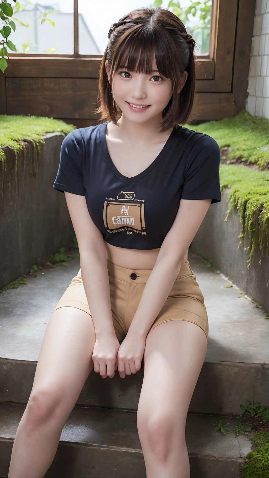 beautiful girl, (Cropped logo T-shirt:1.3, low-rise hot pants:1.3), (****:1.3), break, (Beautiful moss-covered stairs:1.2), break, Shy laugh, Very beautiful eyes, (Symmetrical eyes:1.3), break, (D cup Breasts:1.2), Brown eyes, Parted bangs, Brown plait hair:1.3, Round face, cute, break, (Eye and facial details:1.0), Spread your legs:1.3, Shooting from below, Pussy Line, Camel Toe, Looking into the camera, masterpiece, Highest quality, RAW Photos, Realistic, Cute people, Written boundary depth, High resolution, Very detailedな, In detail, Very detailed, Very detailed, Sharp pupils, Cinema Lighting