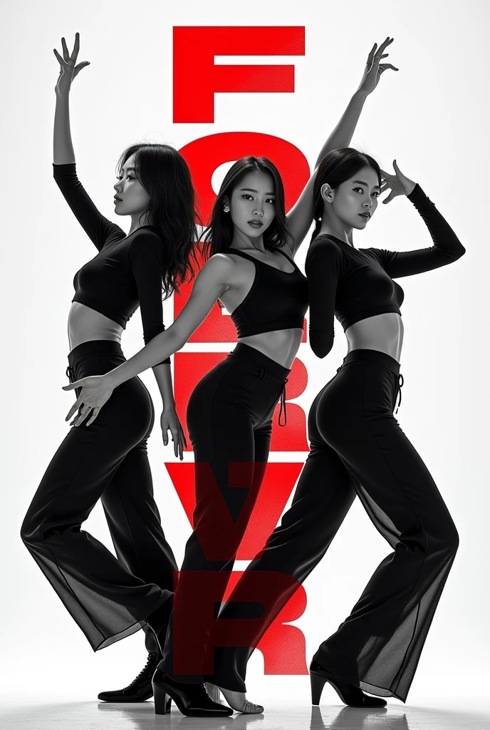 Three Korean female kpop dancers in black and white theme with big letters in the middle saying forever in red