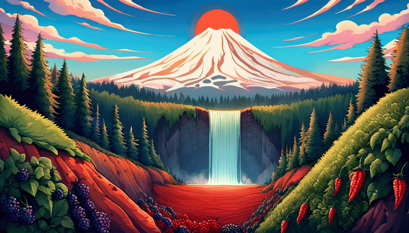 ultra wide landscape flooded with light moebius style, greenery, red chili pepper, blackberries, epic, sun, mt hood, waterfall, forest, oregon, green