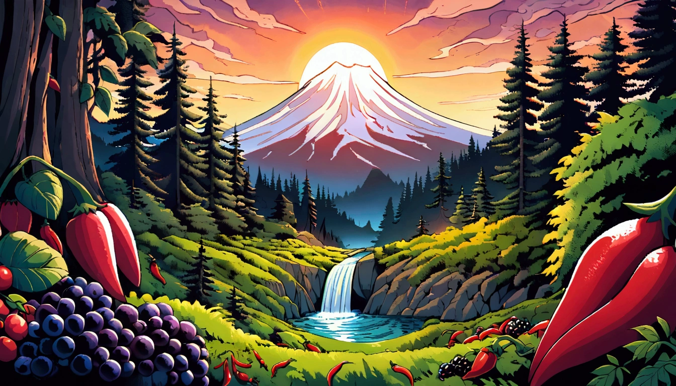 ultra wide landscape flooded with light moebius style, greenery, red chili pepper, blackberries, epic, sun, mt hood, waterfall, forest, oregon, green